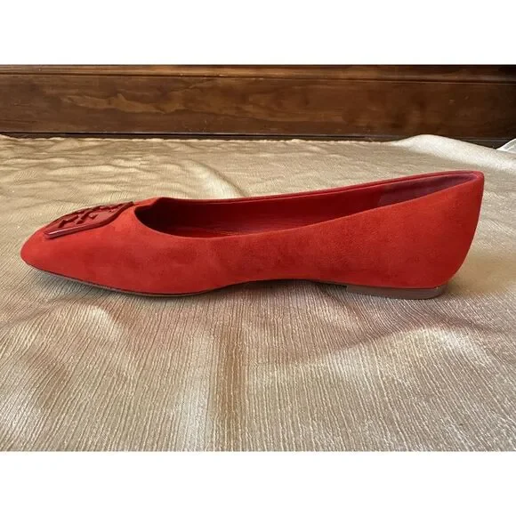 NEW ish Tory Burch Georgia Square Toe Silk Suede Triple Red Ballet Flat Sz 9 Box - Picture 11 of 16